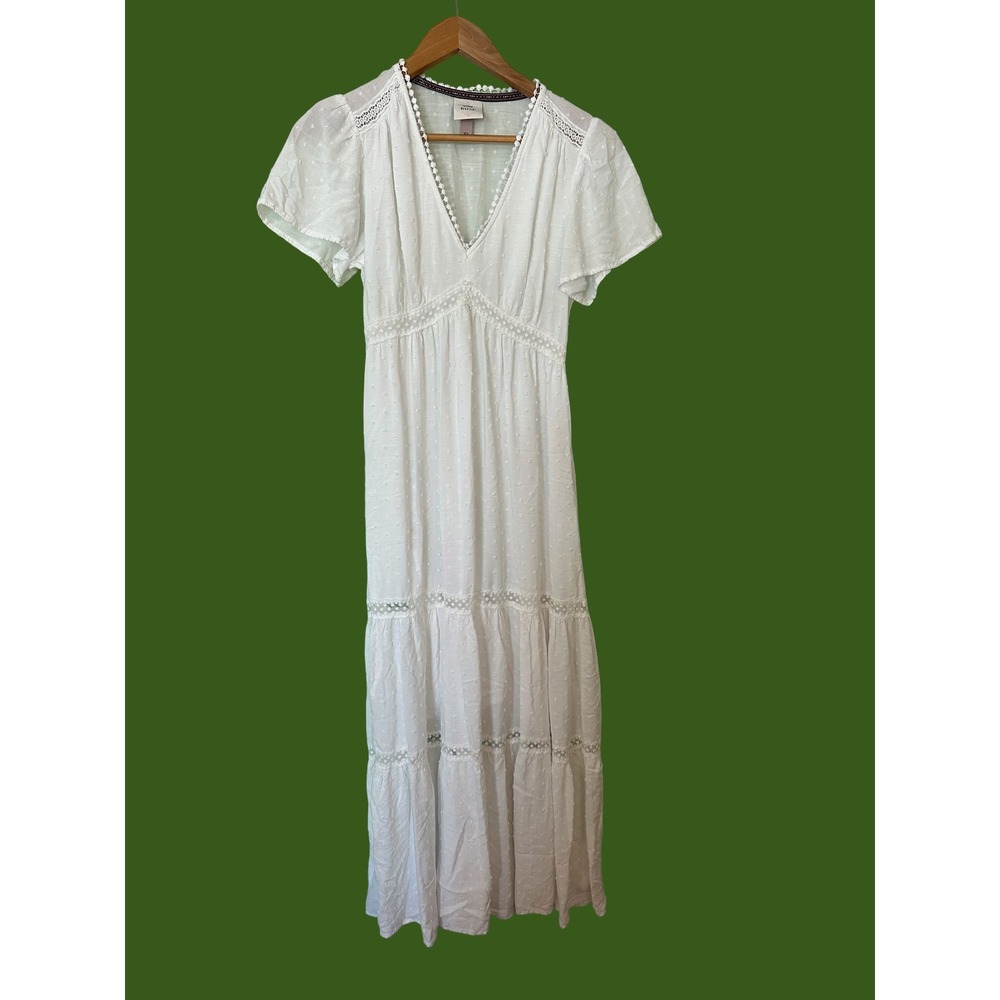 Knox Rose White Swiss Dot Maxi Dress Lace Boho Tiered V-Neck XS /Cottage Core